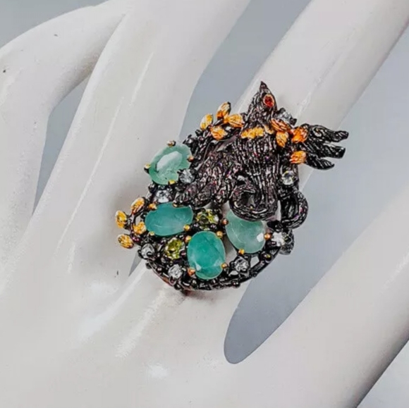 Gorgeous Sterling & Rhodium bird in a nest of Emeralds Peridot & Aquamarines - Picture 7 of 8